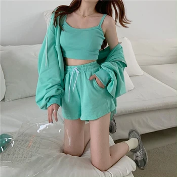 Moda Casual de Sudor se Adapte a las Mujeres de la Cremallera con Capucha de la Capa Básica de la Camisola de Cintura Alta pantalones Cortos de Verano de 2020 coreano Trajes de 3 Piezas set