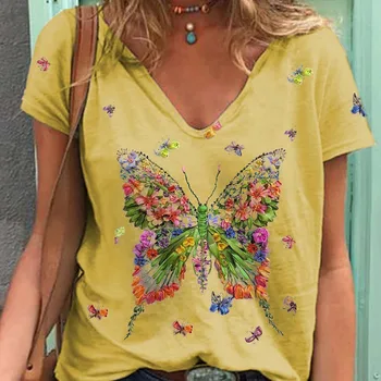 2021 Verano de colores de la Mariposa Flores Más el Tamaño 5XL Impresión Gráfica cuello en V T-shirts Ropa Tops para Niñas para Mujeres Camiseta del Y2K