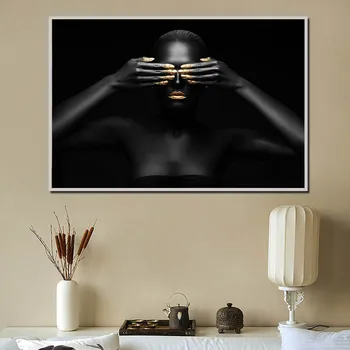 Cúbrase los ojos con las manos de Negro y Oro de Mujer Africana Lienzo de Pintura de Retrato Posters y Impresiones de Alta Definición Decortion