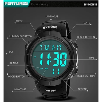 SYNOKE Hombres Reloj Digital LED de Alarma de los Relojes Electrónicos Reloj Grande del Dial Impermeable al aire libre Militar Reloj de los Deportes De los Hombres Relojes