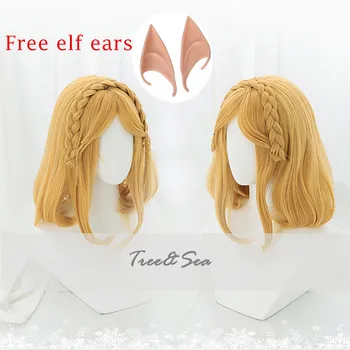 Juego La Leyenda de Zelda Aliento de las mujeres Salvajes Cosplay Pelucas Princesa Zelda Peluca Sintética de estilo de pelo de Cosplay con orejas de elfo