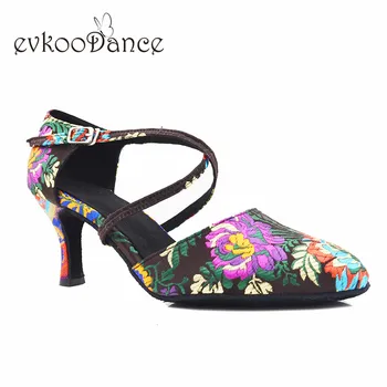 Evkoodance de baile latino zapatos de Profesionales de la altura del tacón de 7cm de las Mujeres de salón de baile Zapatos de Tamaño de la flor US4-12 Evkoo-619