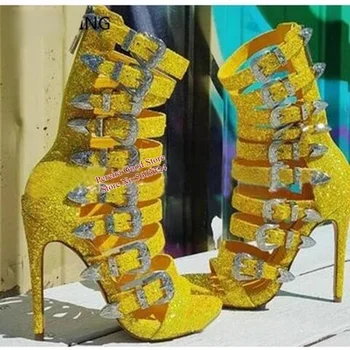 Más Reciente Ondulado De Color Amarillo Glitter Strappy Sandals Multi Correa De La Hebilla De Zapatos De Tacón Peep Toe Hueco De Lentejuelas Jaula De Zapatos Gladaitor Talones