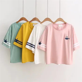 Merry Bastante Harajuku kawaii t camisa de la mujer t-camisa de algodón camiseta de kawai pez gato emberoidery divertida camiseta tops camiseta camiseta borlas