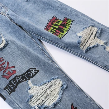 Bebovizi 2019 Hip Hop Hombres Jogger Pantalón Azul De Mezclilla Skinny Jeans Hipster Graffiti Carta De Impresión Streetwear Destruido Ripped Jeans