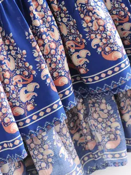 Las mujeres Bohemio de la Cruz V cuello de la Impresión Floral Vestido de abrigo azul del Cordón de la Cintura de la Rendija Mediados de Larga Slim Fit Vestidos de Playa, Vestidos