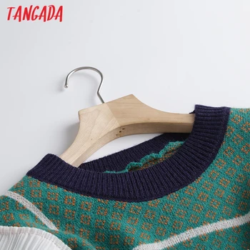 Tangada Mujeres Verde Volantes Suéter de Punto Jumper de la Vendimia Femenina Oversize 