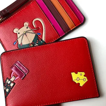 La longitud de la cartera de las mujeres de moda de la Tarjeta de pack de dibujos animados rojo rata patrón Simple monedero de cuero genuino material