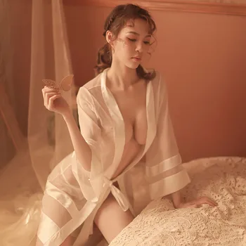 Lencería Sexy Mujer Transparente Camisón de Costura de manga Larga de Gasa Bata Albornoz Camisón Pijama Conjunto de Kimono ropa de dormir