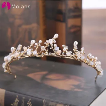 MOLANS Floral de Perlas de Cristal de la Corona y de la Manga de la Cadena de Accesorios Nupciales del Pelo de Oro de la Rama de la Princesa de la Corona Tocado para la Fiesta