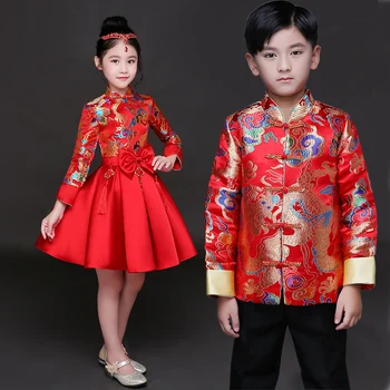 Los niños cheongsam vestido de princesa vestido de las niñas Chinas estilo retro trajes Chinos guzheng de rendimiento de ropa de Host vestido