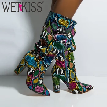 WETKISS de colores de Piel de Serpiente de Botas de Mujer zapatos de Tacón Alto Espesor de la Mediados de-becerro de Arranque Angustiado Dedo del pie Puntiagudo Zip Zapato Plisado Botas Gacho 2020