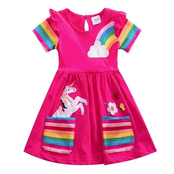 Niña de manga corta unicornio vestido de pony de dibujos animados vestido impreso bordado de algodón de cuello redondo vestido para las niñas de los niños vestido de verano