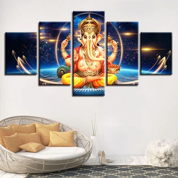 Carteles Modular De Lona De Las Fotos 5 Piezas Ganesha El Dios Elefante Pinturas De La Decoración De La Casa Pared De La Habitación De Arte Moderno Marco Impresiones
