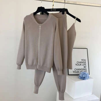 2020 otoño suéter de Punto traje casual de nuevos productos temperamento de la cadena de chaleco de punto chaqueta + elástico de los pantalones de tres piezas, conjuntos de TZ423