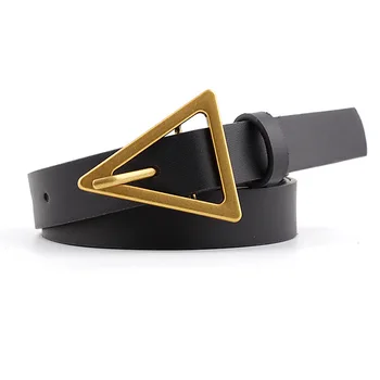 La Marca De Lujo De Las Mujeres Negras De Cuero Cinturón Fino De Metal Triángulo De Oro Hebilla De Cinturón Femenino Diseñador De Las Señoras Vestido De Cintura