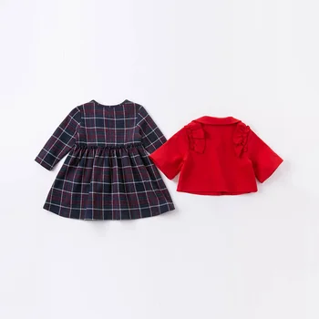 DBM14386 dave bella otoño de las niñas de bebé de moda pliegues de la tela escocesa conjuntos de ropa niños lindos conjuntos de niños de 2 piezas traje