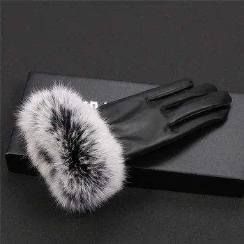 De piel de conejo guantes de mujer de invierno de moto guantes de terciopelo grueso impermeable y a prueba de viento de la PU del dedo de la pantalla táctil guantes para manejar