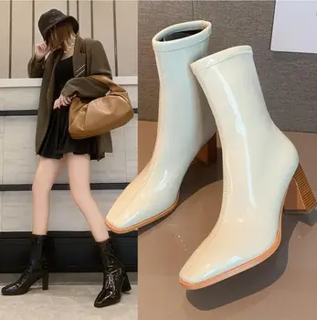 2021INS las Mujeres de cuero de patente de Tacón Alto Botas de Señora de Montar Botas de Invierno Cálido Zapatos de Mujer Sexy de pies Cuadrados de Espesor con vestido de Calzado