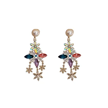 Exagerado Lujo arco iris de diamantes de imitación de Cristal Aretes para las Mujeres Grandes y Redondos Simulado de la Perla de la Flor Pendientes de la Gota de la Joyería del Partido