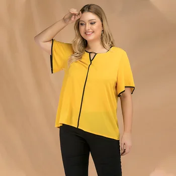 Nueva 2021 verano de las señoras más el tamaño de tops para las mujeres grandes blusa de manga corta casual suelto de color amarillo V cuello de la camisa 4XL 5XL 6XL 7XL