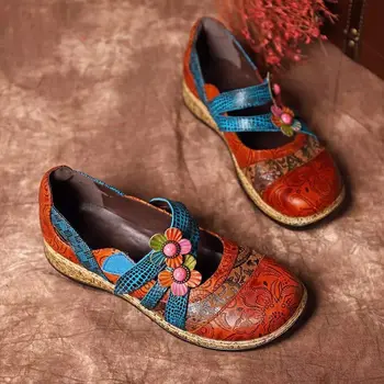 Vintage Floral De Cuero Genuino De Empalme Color De Costura Gancho Bucle Plana Zapatos De Primavera Verano Casual De Las Mujeres Zapatos Planos Nueva