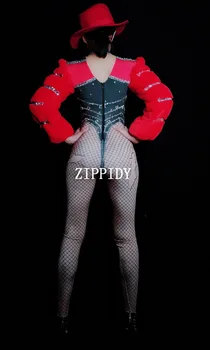 Moda Rojo Grande Mangas de diamantes de Imitación de Spandex de las Mujeres de la Danza Jazz Body Sexy Leggings Discoteca Cantante Traje Traje