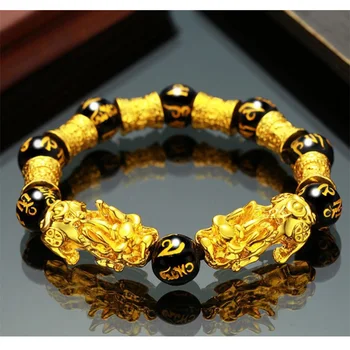 La prosperidad de la Pulsera Amuleto de Feng Shui Pulsera con Doble Chapado en Oro Pi Xiu Atraer la Suerte y Ricos Brazalete LL@17
