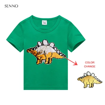Reversible de Doble Cara, Niños Dinosaurio de Lentejuelas Camiseta Para el Verano Bebé Niños Niños T-Shirts Ropa de Algodón Niño Tops para Niño