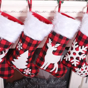 Tela de color rojo y negro de verificación de las medias de Navidad de la Felpa de las medias de Navidad bolsas de regalo de Navidad colgantes de Navidad decoraciones