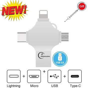 Nueva INGELON 4 En 1 Diseño de una Unidad Flash USB Para el iphone USB 3.0 128 GB Memory Stick OTG Pen Drive 16GB 32GB 64GB USB Personalizzata
