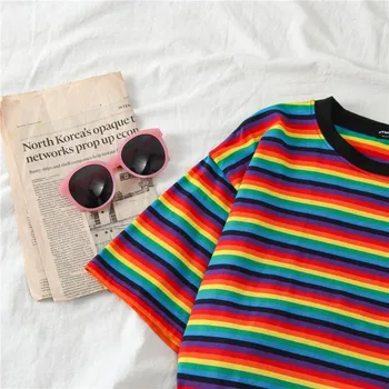 Verano de las Mujeres del arco iris de Rayas de la Camiseta de la parte Superior de la T-camisa Casual O de Cuello de Manga Corta Camiseta