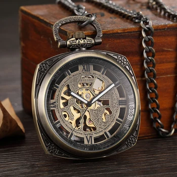 La vendimia Mecánica Reloj de Bolsillo de los Hombres de la Mano del Viento Reloj Estilo Retro Números Romanos Esfera Transparente de Bronce Fob Mano Reloj de los Hombres del Regalo