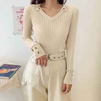 Otoño Invierno Delgado Suéteres de las Mujeres V-Cuello de Botón Básica Pullovers Imprimación Camisa de Manga Larga Corto coreano Slim-fit Ajustado Suéter Nuevo