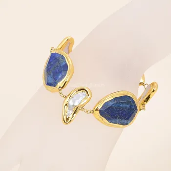 GG de la Joyería Natural de color Azul Lapislázuli Bisel Blanco Biwa Perlas de Oro Plateado Brazalete de 8