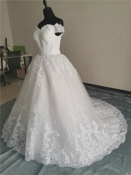 De lujo de Encaje Blanco Puro Marfil Fuera del Hombro Vestido De Noiva Vestido de Novia de Tren de Novia de Tul de Mariage Personalizado