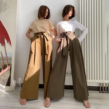 Shyloli Cintura Alta Cintura De La Moda Vintage Pantalones Largos Para Mujer Primavera Verano De 2020 Elegante Sólido Maxi Pantalones Pantalon Nuevo Estilo