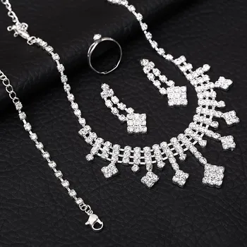 ZOSHI Plateado Plata de la Boda Conjuntos para las Mujeres Brillo de diamante de imitación de Gargantilla Collar Pendientes Pulsera Anillo de 4pcs sistema de la Joyería