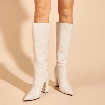 Rodilla Botas Altas de Punto Largo Dedo de Cocodrilo en Relieve de Botas de Mujer Otoño Caliente Zapatos de Invierno para las Mujeres de la Plaza de los Tacones de las botas Occidentales Calzado