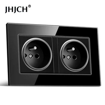 JHJCH-enchufe de pared de doble marco de Francia, el panel de cristal blanco/negro de 16A y 220V, 146mm x 86mm, toma de corriente d