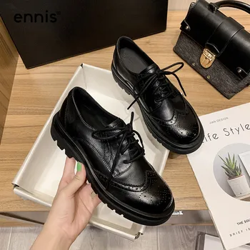 ENNIS Marca de Damas Zapatos Oxford Brogue de Cuero Genuino Zapatos de Mujer Encaje Zapatos Casuales de la Primavera Negra de Otoño de la Escuela Británica C11A