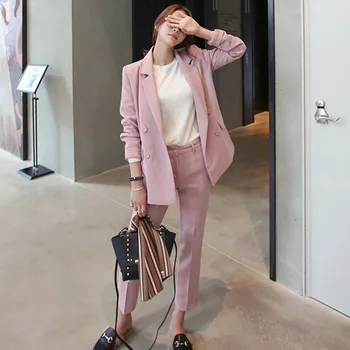 Set de dos piezas hembra nuevo estilo era delgado doble botonadura temperamento pequeña rosa OL traje de chaqueta + casual elegante nueve pantalones