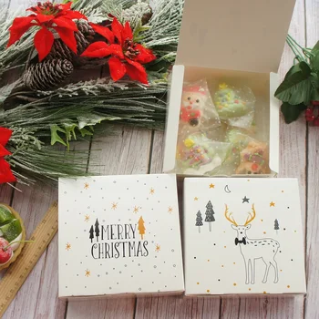 14*14*5cm 10pcs blanco Feliz Navidad elk diseño de la Caja de Papel de la galleta Macaron DIY de Navidad de los recuerdos de la Fiesta de Regalos de Embalaje