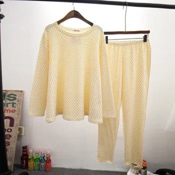 KISBINI 2PCS Mujeres Pijamas Conjuntos de Otoño en Primavera Algodón ropa de dormir de la Marina de Impresión de Punto de Cuello Redondo de Manga Larga Pijamas Traje a Casa