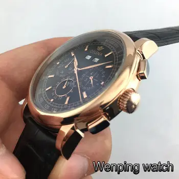 Ossna nueva 42mm mens de lujo reloj caja de oro negro dial fecha de la fase de la luna multifunción para hombre reloj automático