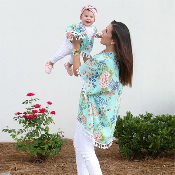 PPXX Verano Floral de Bebé de Niña de las Mujeres de la Playa de Kaftan camiseta de Madre e Hija de la Familia de Coincidencia de Tela Familia en Tamaño Grande