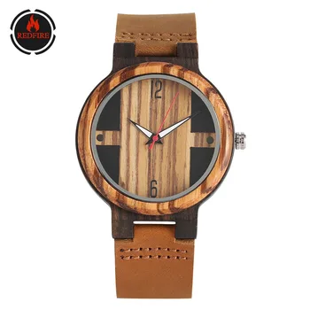 REDFIRE Punk Vintage de Madera del Reloj de los Hombres negro/Negro de Cuero Genuino Correa de Reloj Relojes para Hombre Reloj de Cuarzo reloj de madera