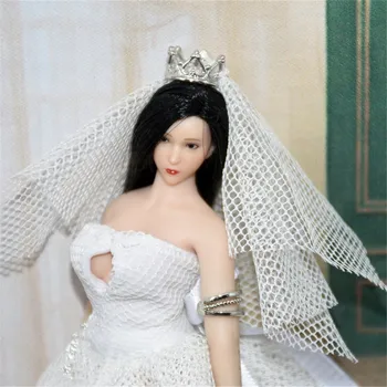 Escala 1/12 de la Corona de Damas de Blanco Vestido de Encaje de la Boda Vestido de las Mujeres Ropa de Noche Vestido de Banquete de la Falda de 6 Pulgadas de la Figura de Acción