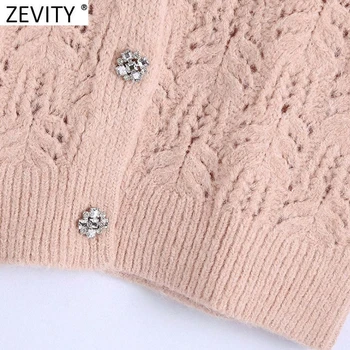 Zevity 2021 Mujeres De Moda V Cuello Hueco Crochet Tejido De Punto Suéter De La Señora Del Diamante Botón Chaleco Sin Mangas Elegante Cardigan Tops Patrística S610s