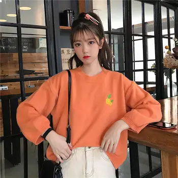 2020 nuevo bordado suéter de las mujeres ropa de estilo coreano flojo otoño invierno jersey de los suéteres de mujer color caramelo Streetwear